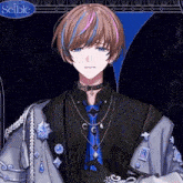 a boy with blue and pink hair is wearing a choker and a blue tie