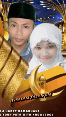 a man and a woman are posing for a picture with the words " assalamualaikum " on the bottom