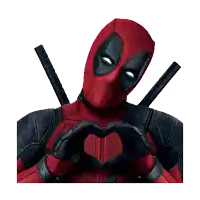 deadpool making a heart with his hands on a white background