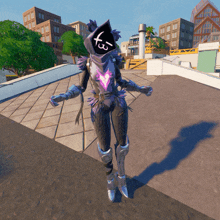 a person in a video game with a purple outfit and a hood that says x on it