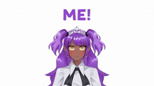a girl with purple hair and a mustache is wearing a tiara and a bow tie and says but male