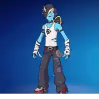 a cartoon character with blue hair and a skateboard on his shoulder