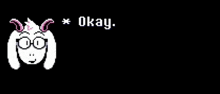 a pixel art of a goat wearing glasses and horns with the words `` okay '' .