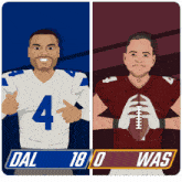 a cartoon of two football players with dal 18 0 was on the bottom
