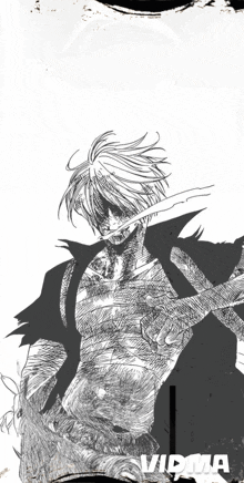 a black and white drawing of a man with bandages on his body and the word vioma below him