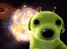a green dog with a black hole in the background is looking at the camera