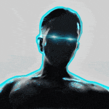 a silhouette of a man 's face with blue eyes