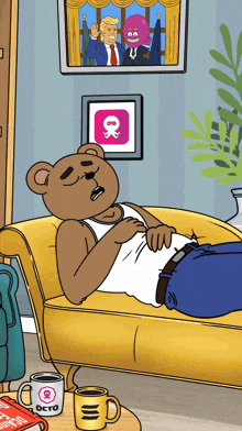 a cartoon of a bear laying on a yellow couch with a cup that says octo on it