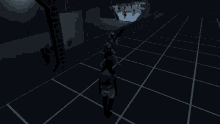 a person in a red hood stands in a dark room with a red sign that says new world