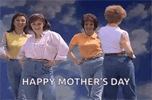 a group of women are standing next to each other and dancing in front of a blue sky .