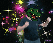 a cartoon of a man wearing a hat with a crocodile mask on his head