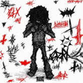 a drawing of a person surrounded by red and black symbols with the letters xx