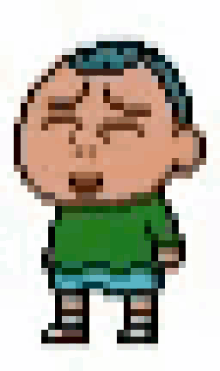 a pixel art drawing of a cartoon character with a green shirt and blue shorts .