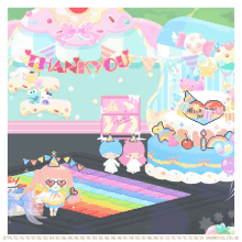 a thank you banner hangs from the ceiling above a cake