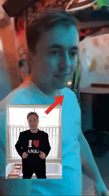 a man wearing a sweater that says i love anal