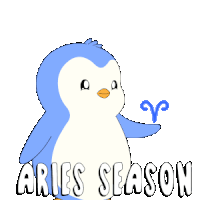 a blue and white penguin with the letters aries season written below it