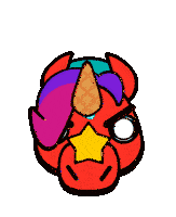 a cartoon of a red unicorn with a rainbow mane and horn