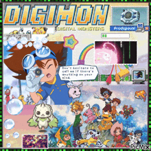 a poster for digimon digital monsters shows a boy holding a camera