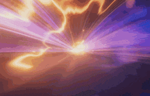 a purple and orange lightning bolt is coming out of a hole in the sky