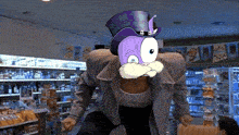 a cartoon character with a top hat and a beard is standing in a store