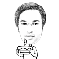 a black and white drawing of a man holding a hamburger and pointing at it