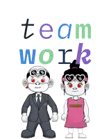 a cartoon of a man and a girl holding hearts with the words team work above them