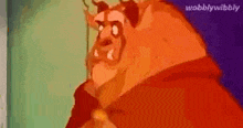a cartoon beast from beauty and the beast is standing in front of a door and looking at the camera .