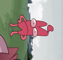 a cartoon drawing of a red cartoon character with big eyes standing on its back
