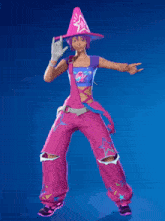 a woman in overalls and a pink hat is dancing