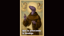 a picture of a man with a purple head and the words que la pekeconda te bendiga