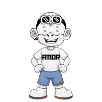 a cartoon character is wearing a white shirt that says amor