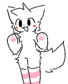 a pixel art drawing of a white cat wearing pink and white striped socks and paws .