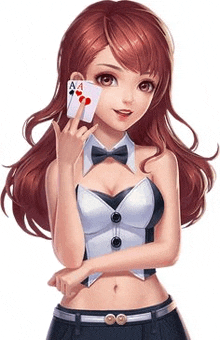 a girl in a tuxedo is holding a pair of aces .