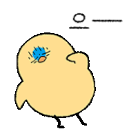 a cartoon chicken with a blue eye is standing on its hind legs and looking up .