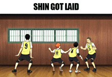 a group of basketball players are dancing in front of a window with the words shin got laid above them