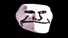 a red troll face with a black background is smiling
