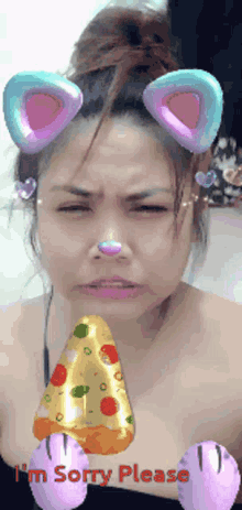a woman with cat ears and a slice of pizza says sorry please