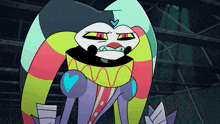 a colorful cartoon character with red eyes and a heart on his head