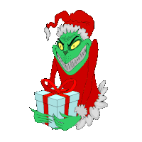a cartoon illustration of a grinch holding a gift
