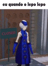 a video game character standing in front of a closed sign