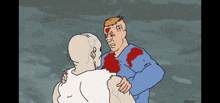 a cartoon drawing of a man holding another man with blood on his face