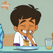 a cartoon of a boy sitting at a table with a nick logo in the corner