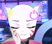 a cat with a pink power button on her head
