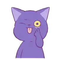 a purple cat with a yellow eye is sticking out its tongue and making a funny face