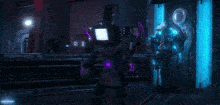 a person in a futuristic outfit is standing in a room with blue lights behind them