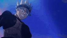 a cartoon character is making a fist with a blue sky in the background
