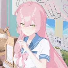 a girl with long pink hair is wearing a sailor suit