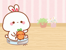 a cartoon rabbit is sitting on a robot vacuum cleaner