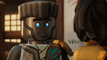 a lego character with blue eyes is standing next to another lego character