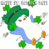 a penguin wearing a leprechaun hat is laying on the ground with shamrocks around him